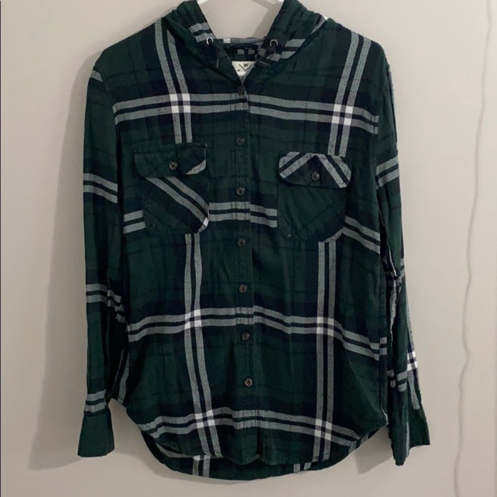 Green flannel button up, with hood